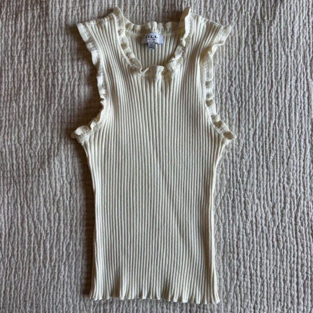 Gilli Ruffle Ribbed Sleeveless Sweater Tank Cream Medium Vest Top Workwear